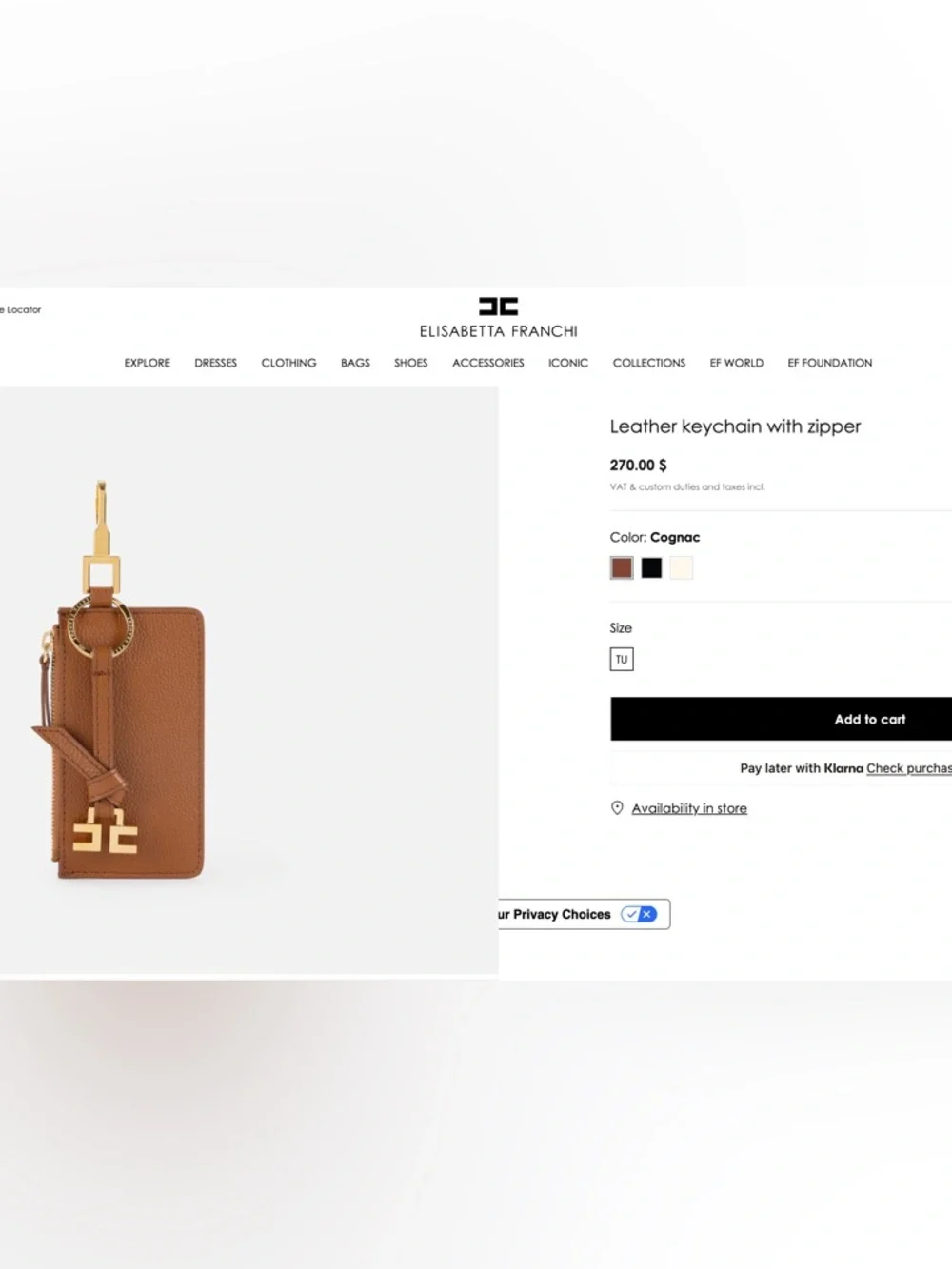 Elisabetta Franchi Cognac Leather Keychain with Zipper Case NWT In Gift Box